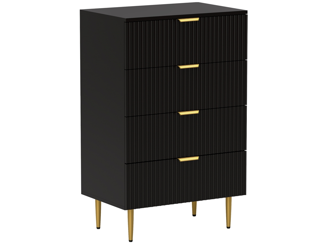 Cómoda 4 Gavetas Com Puxadores E Pés Dourados 60x40x96 Cm Preto