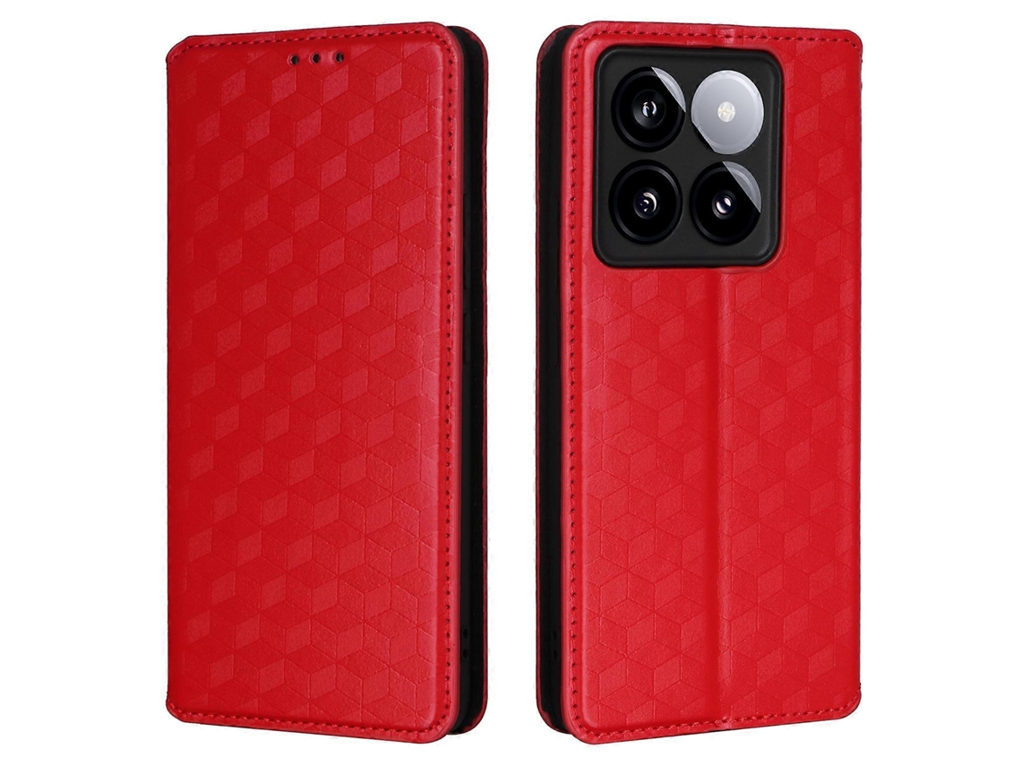 Compre Capa Carteira De Couro Com Estampa De Losangos Para Xiaomi 14t Pro, Vermelha