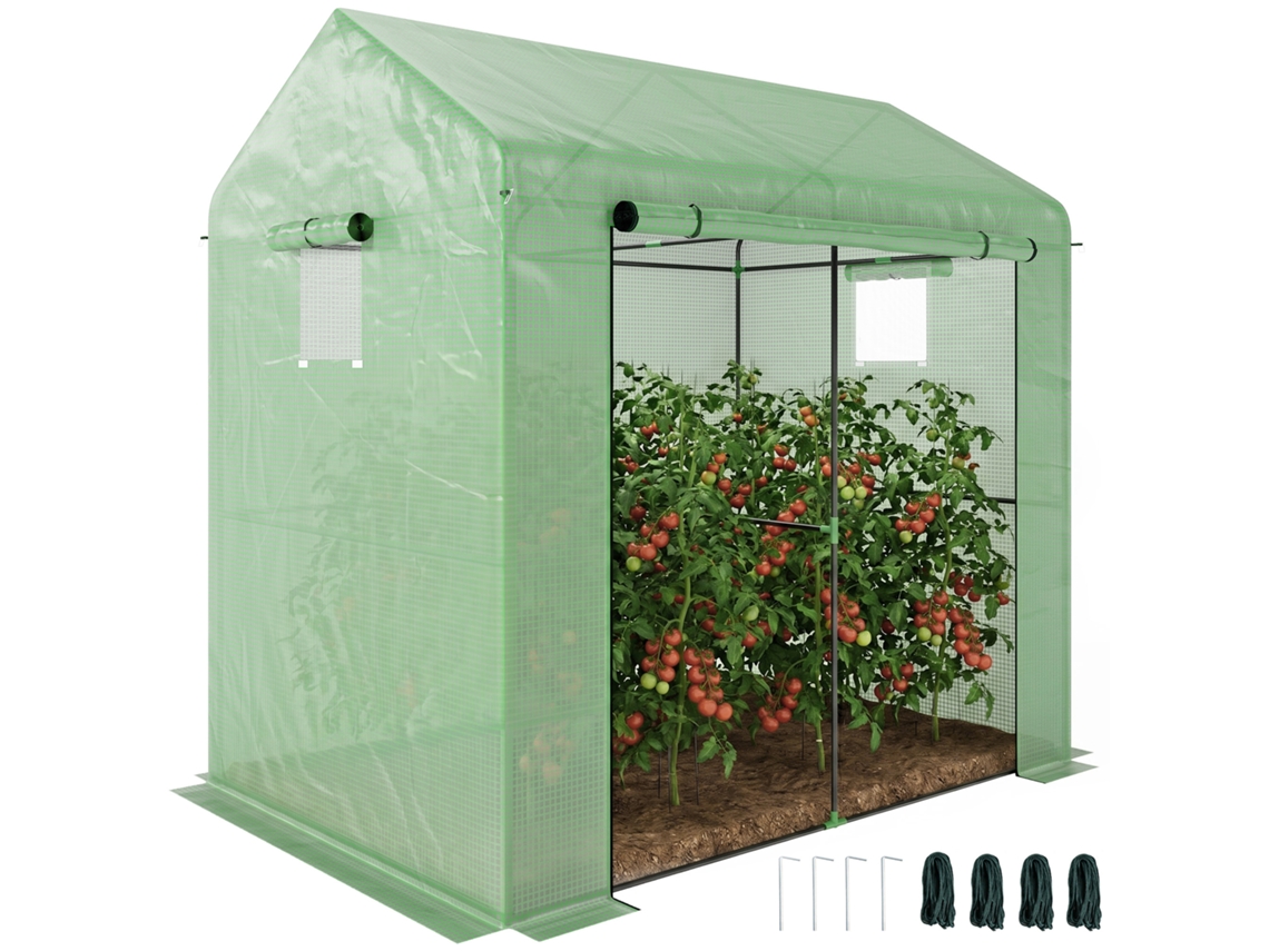 Serra de jardim com porta e janelas enroláveis, aço e PE (200x140x200cm) verde