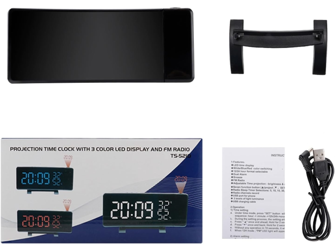 Despertador Digital Led Para Quarto Com Projeção No Teto E 2 Portas Usb, Tela Curva, Termômetro