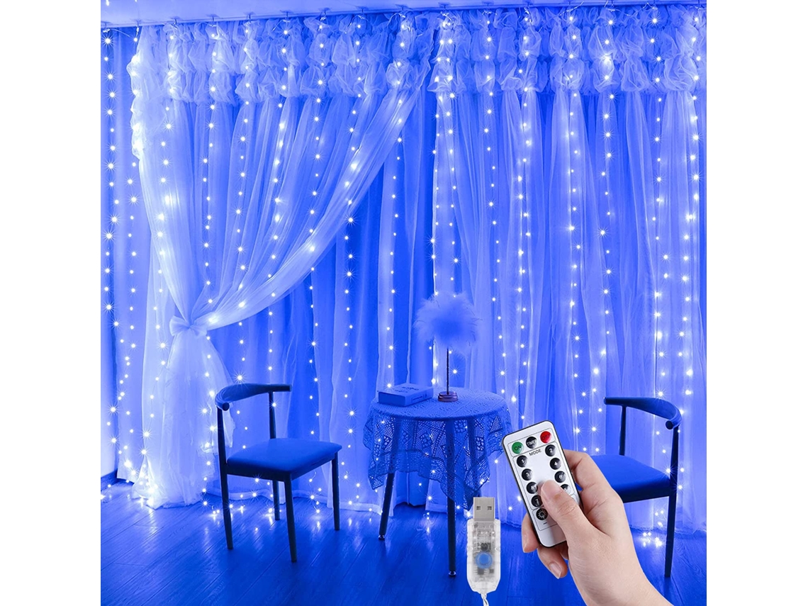 Cortina De Luz 3m X 3m 300 Leds,guirlanda Cortina Iluminada Usb Com 8 Modos Para Decoração De Natal/quarto/janela/aniversário/festa Btforus (azul)