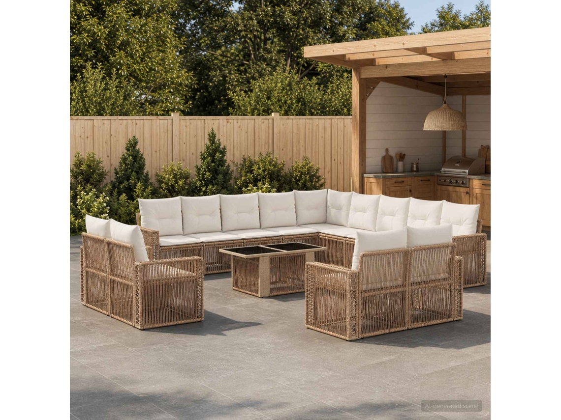 Vidaxl Conjunto De Sofá De Jardim 14 Unid. Bege E Branco Creme Vime Pe