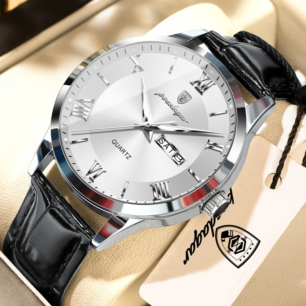 (branco Prateado) Relógio De Pulso Masculino Elegante Com Data E Dia Da Semana, Relógio Casual Masculino, À Prova D'água E Luminoso.