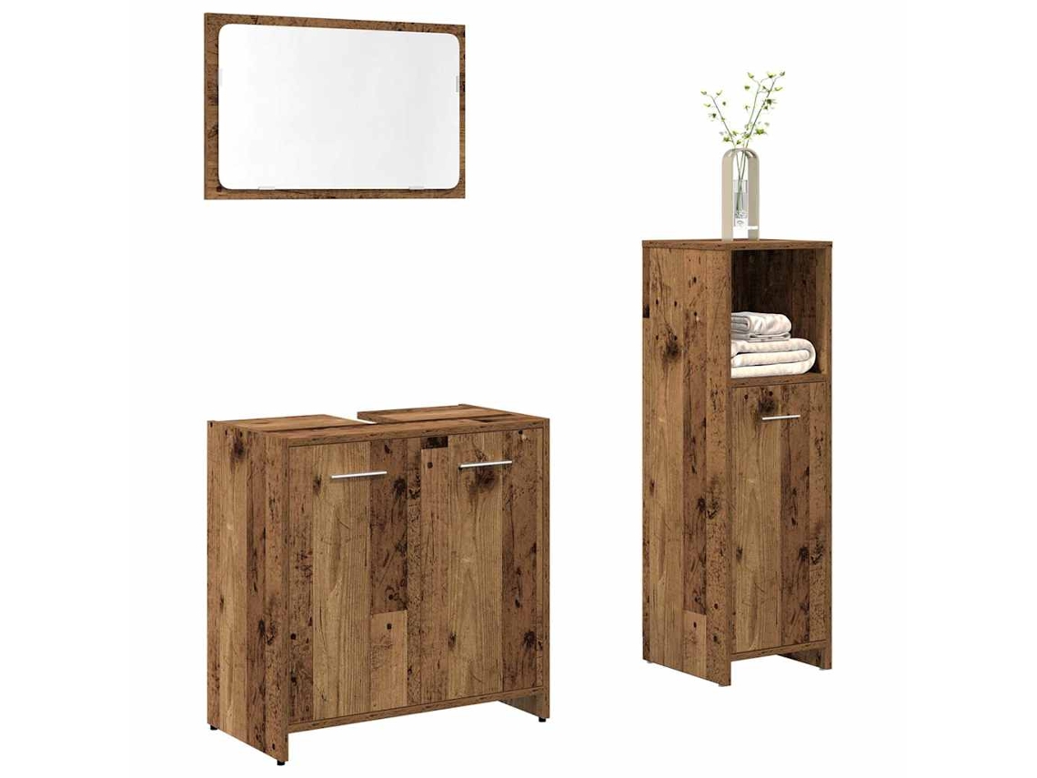 Vidaxl 3 Pcs Conj. Móveis Casa Banho Derivados Madeira Madeira Velha
