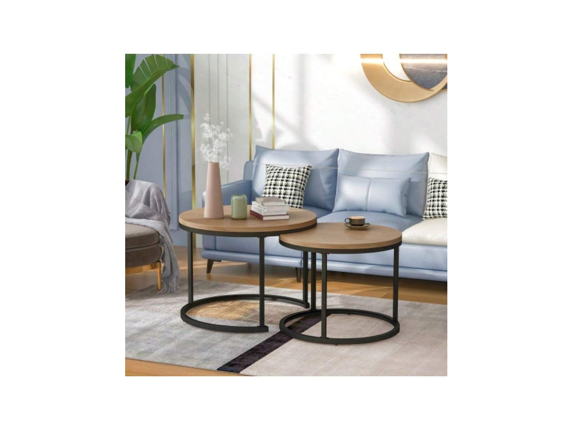 Conjunto de 2 mesas redondas empilháveis de carvalho, estilo moderno e elegante, ideal para sala de estar e sofá Hvorstur