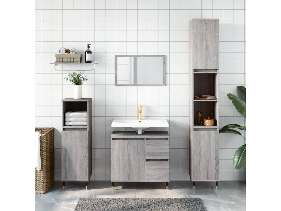 Vidaxl 3 Pcs Conjunto Móveis Casa De Banho Madeira Proc. Cinza Sonoma