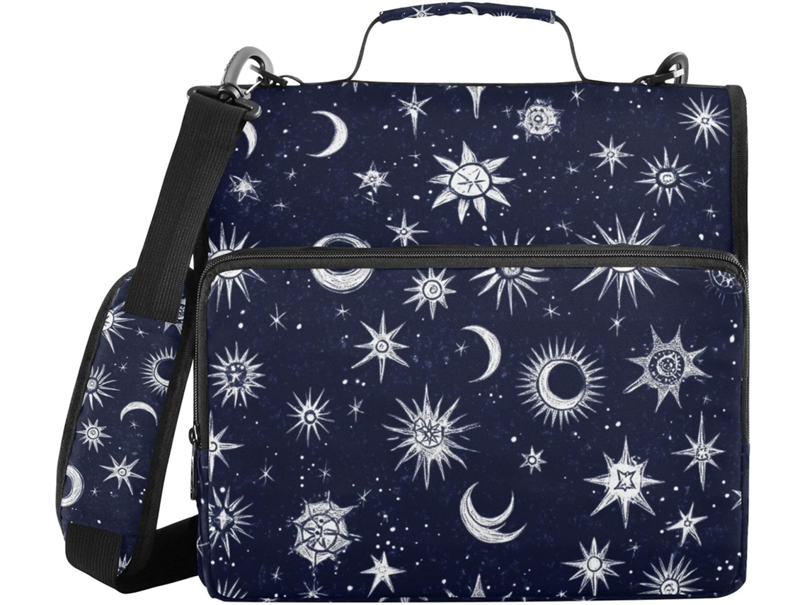 Mochila com estampa de noite estrelada, sol e lua, 3 unidades, com zíper, alça de ombro removível e inclui bolsa.