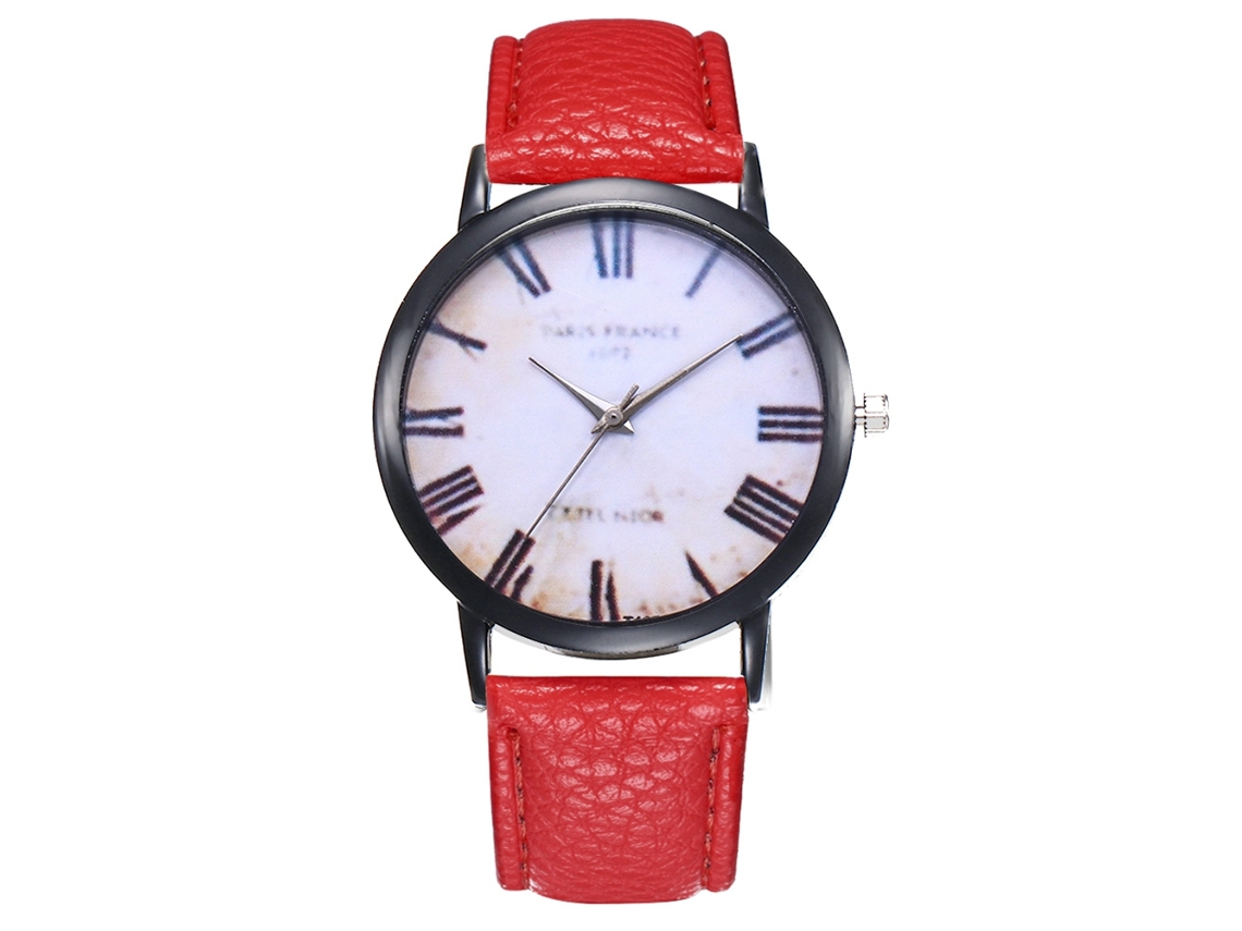 Reloj De Cuarzo Unisex Con Correa De Cuero Pu Moda Dial Redondo Números Romanos Rojo