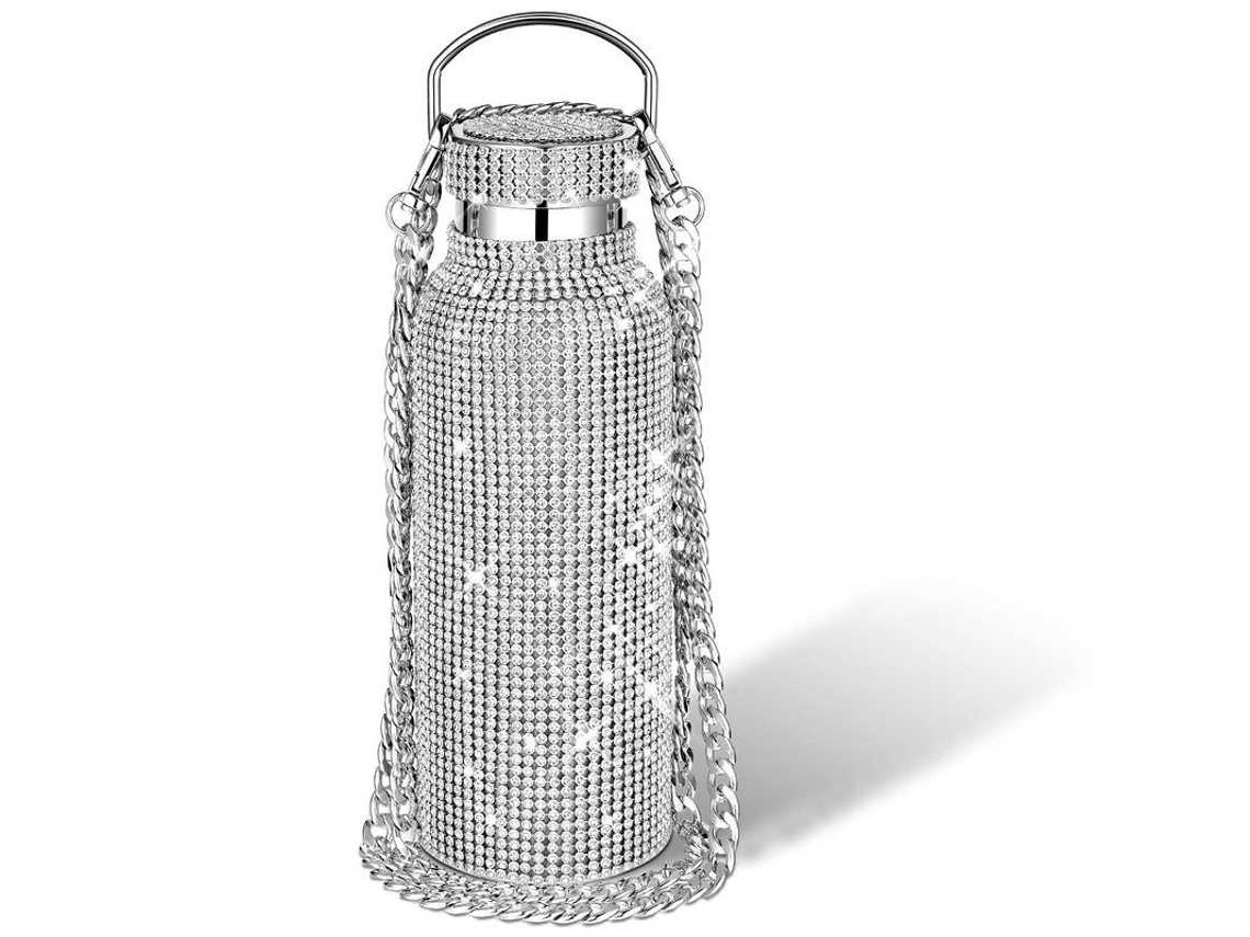 Garrafa térmica Rebe-304 em aço inoxidável com pedras brilhantes e corrente, 500ml, prateada.