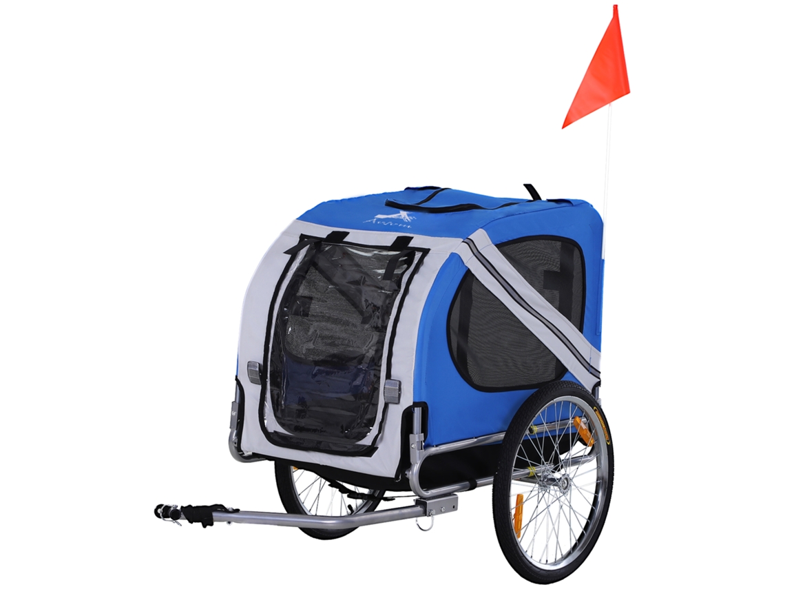 Reboque de Bicicleta para Cães (8 Refletores, Barra de Bandeira, 130x73x90 Cm, Branco e Azul)