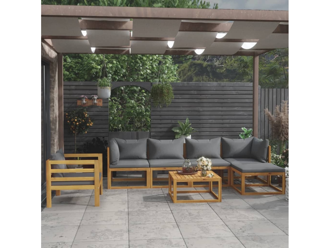 7 Pcs Conjunto Lounge De Jardim Com Almofadões Acácia Maciça Dkd Home Decor