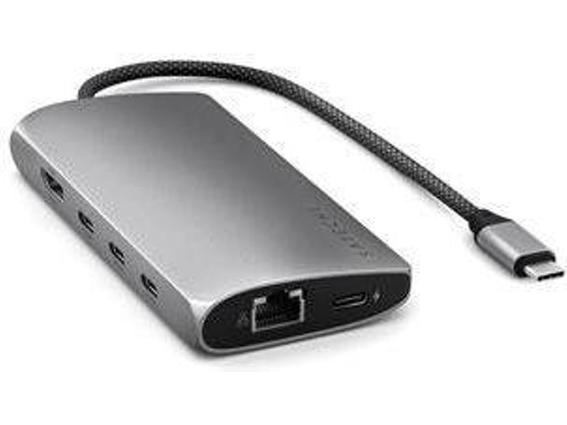Hub com ligação USB-C, tem 1x porta HDMI 8K, 1x gigabit ethernet, 1x 100W USB-C PD, leitor micro e SD card, 4xUSB-C. É compatível com MacBooks M1 e outros equipamentos USB-C.