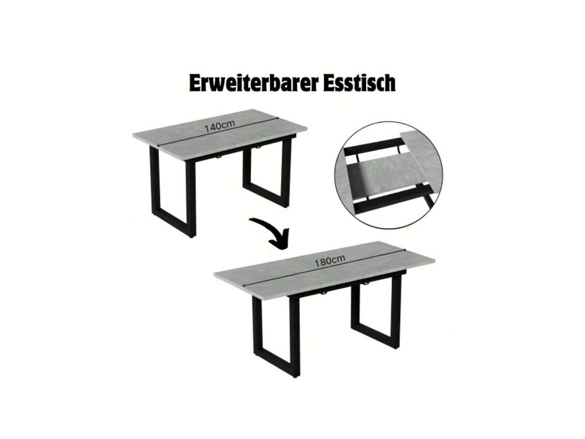 Mesa De Jantar Retangular Extensível 140/180x80x75cm Estilo Industrial Moderno Em Ferro Com Acabamento Em Concreto E Preto, Multifuncional E Btforus