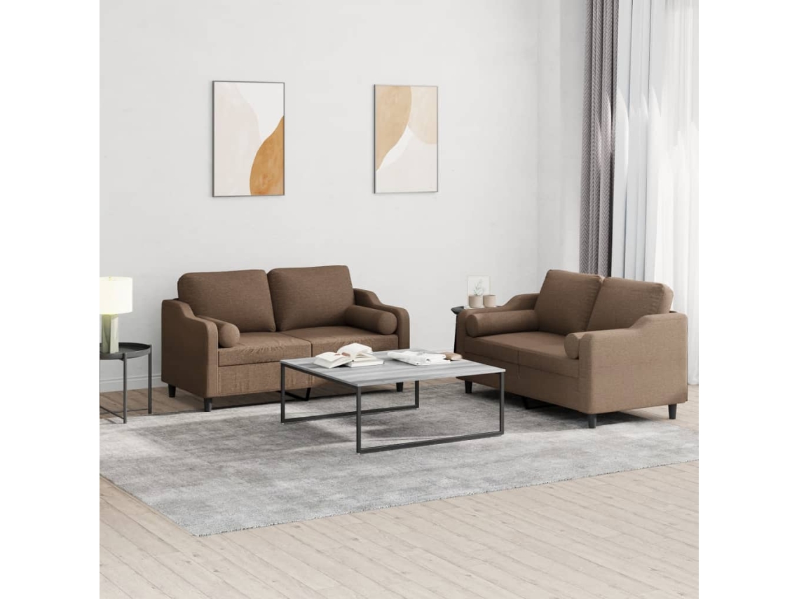 Vidaxl 2 Pcs Conjunto De Sofás Com Almofadas Tecido Castanho