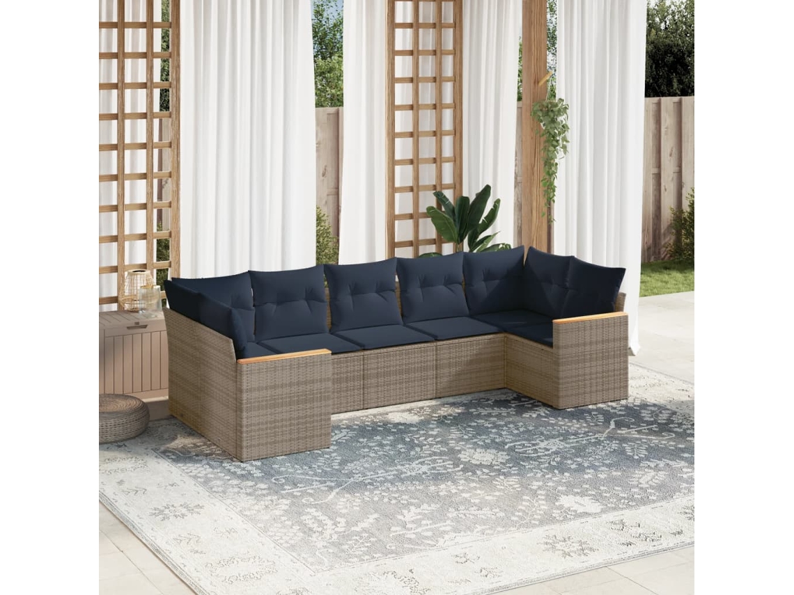 Vidaxl Conjunto De Sofá De Jardim Com 7 Peças E Almofadas Em Rattan Sintético Cinza
