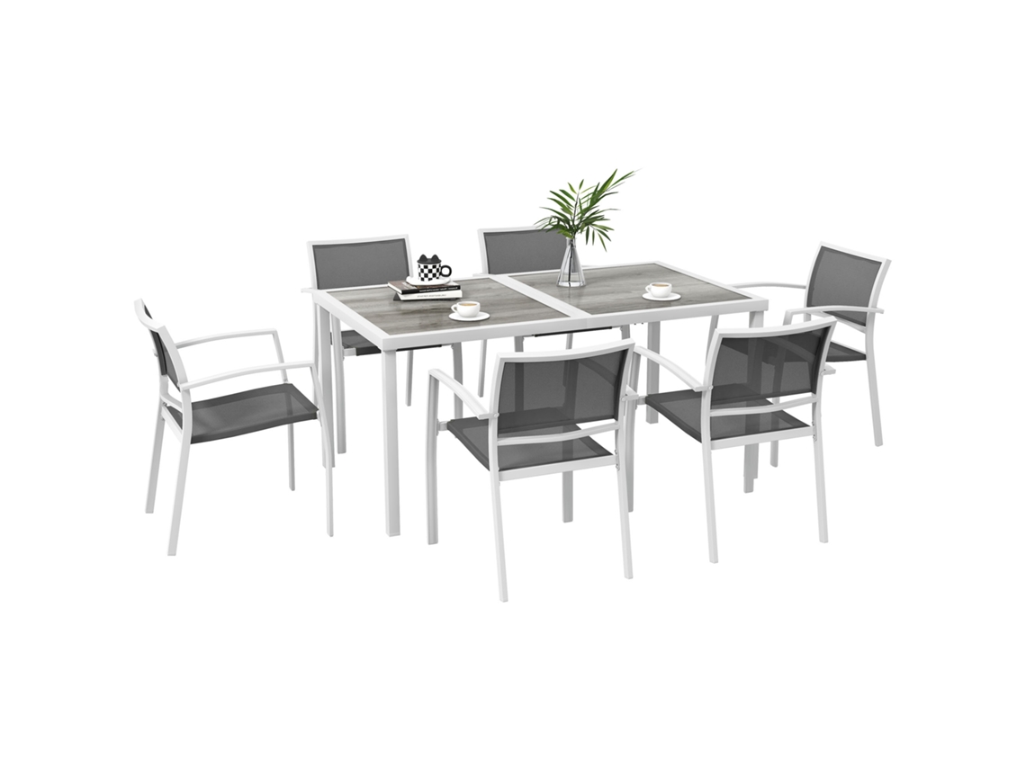 Conjunto De Jantar Para Jardim Com 7 Peças, Incluindo 1 Mesa E 6 Cadeiras Empilháveis, Estilo Moderno Para Pátio E Terraço, Branco E Cinza.