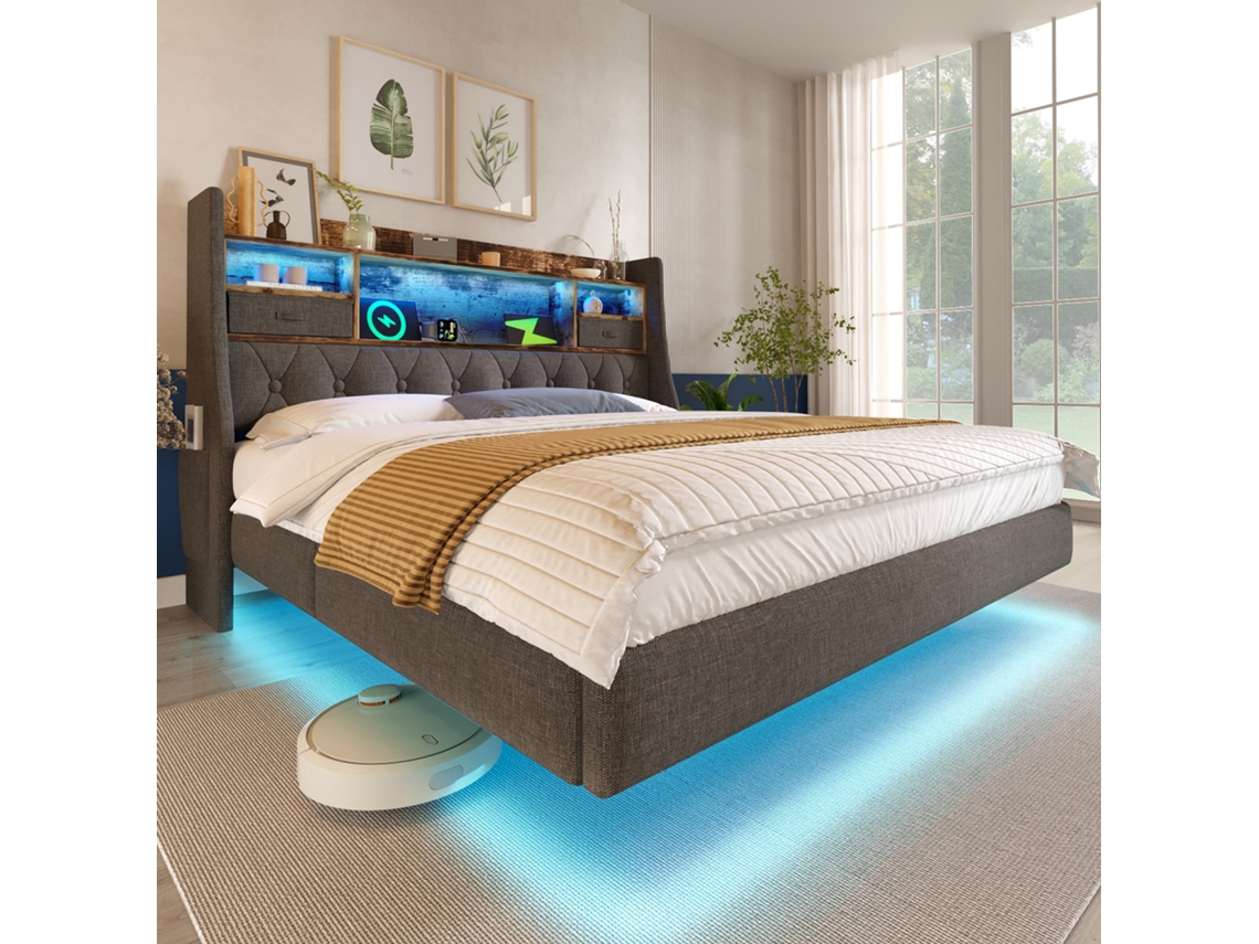 Cama Estofada Flutuante Led 160x200 Usb-c 3usb Cabeceira Arrumação Cinza