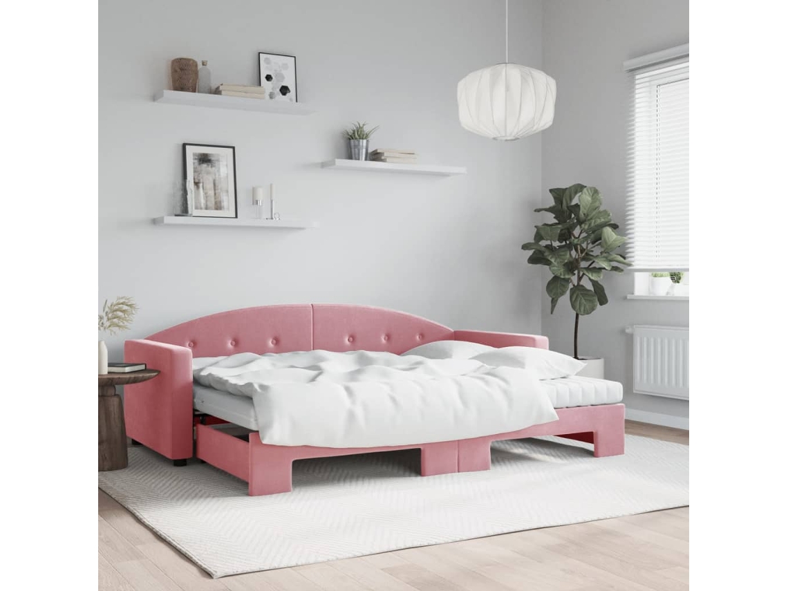 Sofá cama con cajón y colchones de 80x200 cm en terciopelo rosa