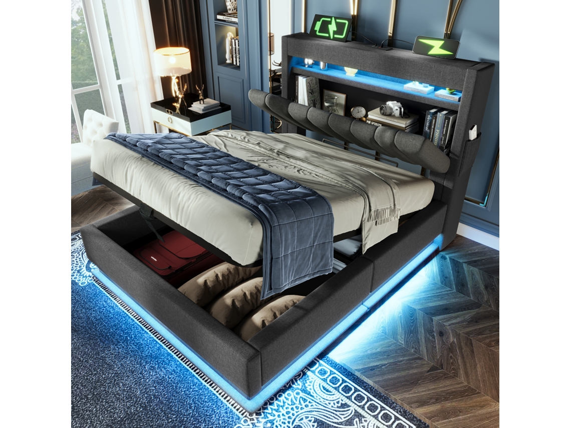 Cama Linho Cinza 90x200 Com Led Usb-c, Baú E Colchão