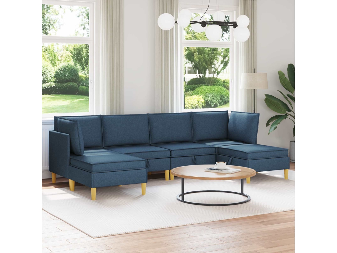 Vidaxl Conjunto De Sofá Modular Com Armazenamento 6 Unid. Azul Tecido