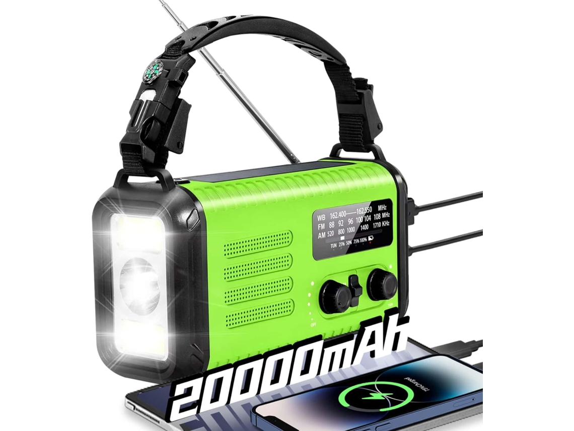 Wxsp 1 Unidade Rádio De Emergência 20000mah Lanterna Manivela Recarregável Rádio Solar Verde Alarme Sos Telefone Brilvibera