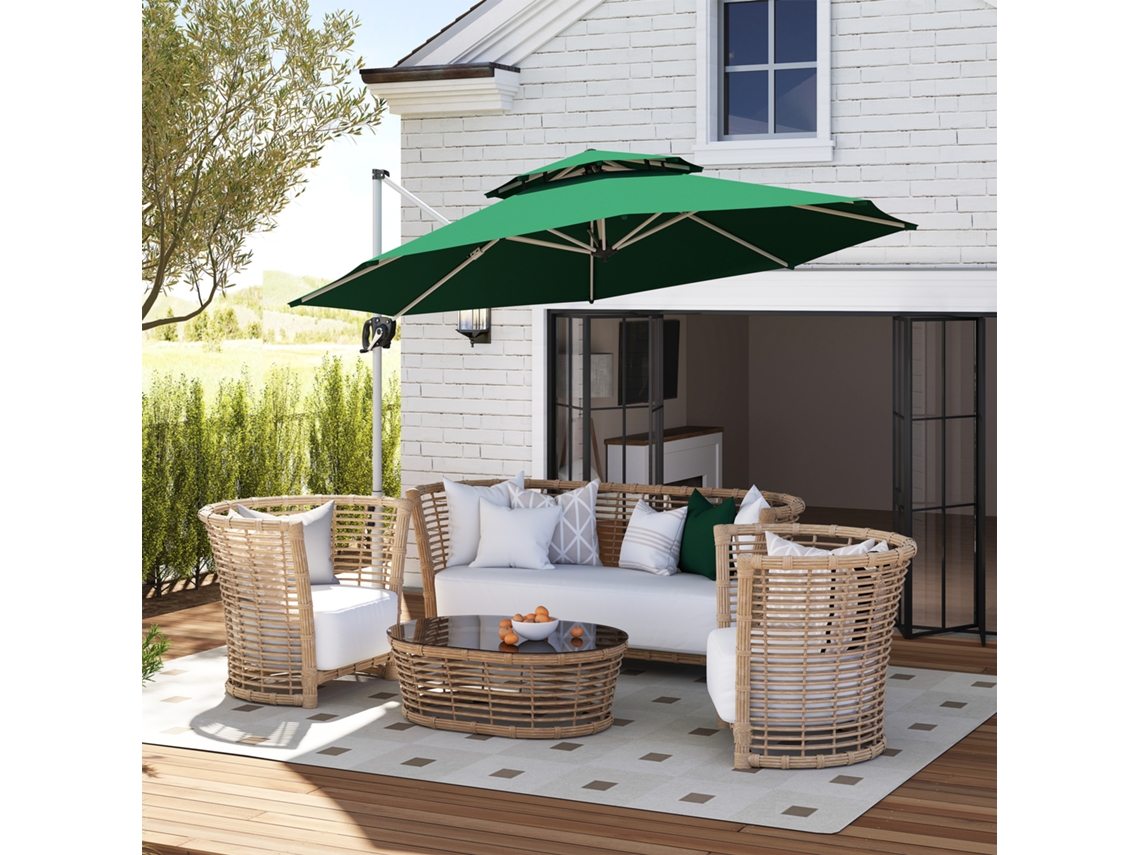 Guarda Sol Excêntrico ZIWEI STORE com Ø292cm, verde escuro, manivela, 360°, duplo teto, base cruzada