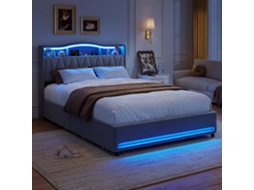 Cama De Arrumação 140x200 Com 4 Gavetas, Cama De Casal Adulto Com Usb, Cabeceira Com Espaço Aberto E Arrumação Oculta Rebatível, Led, Cinza