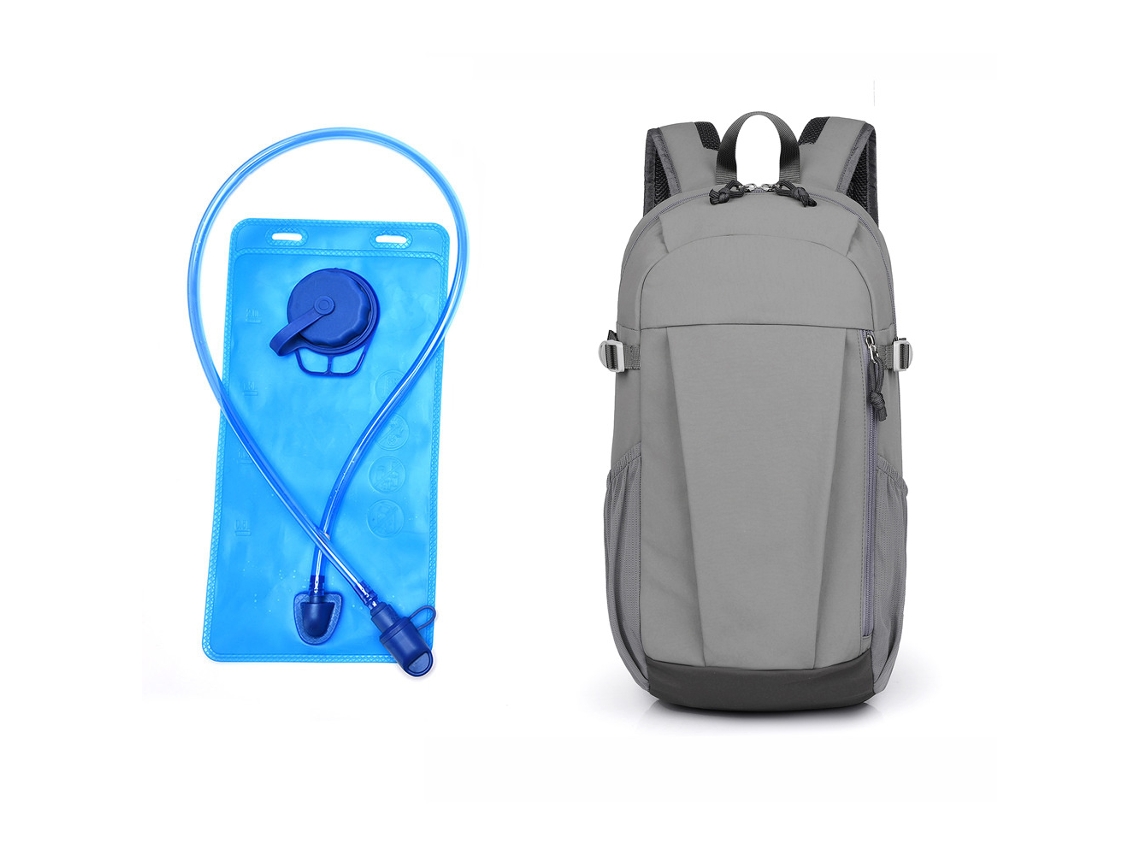 Mochila (cinza com Reserva de Hidratação) para atividades ao ar livre/caminhadas, simples e prática.