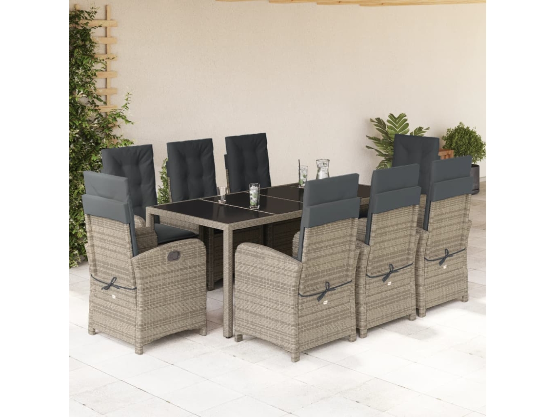 Vidaxl 9 Pcs Conjunto De Jantar P/ Jardim C/ Almofadões Vime Pe Cinza