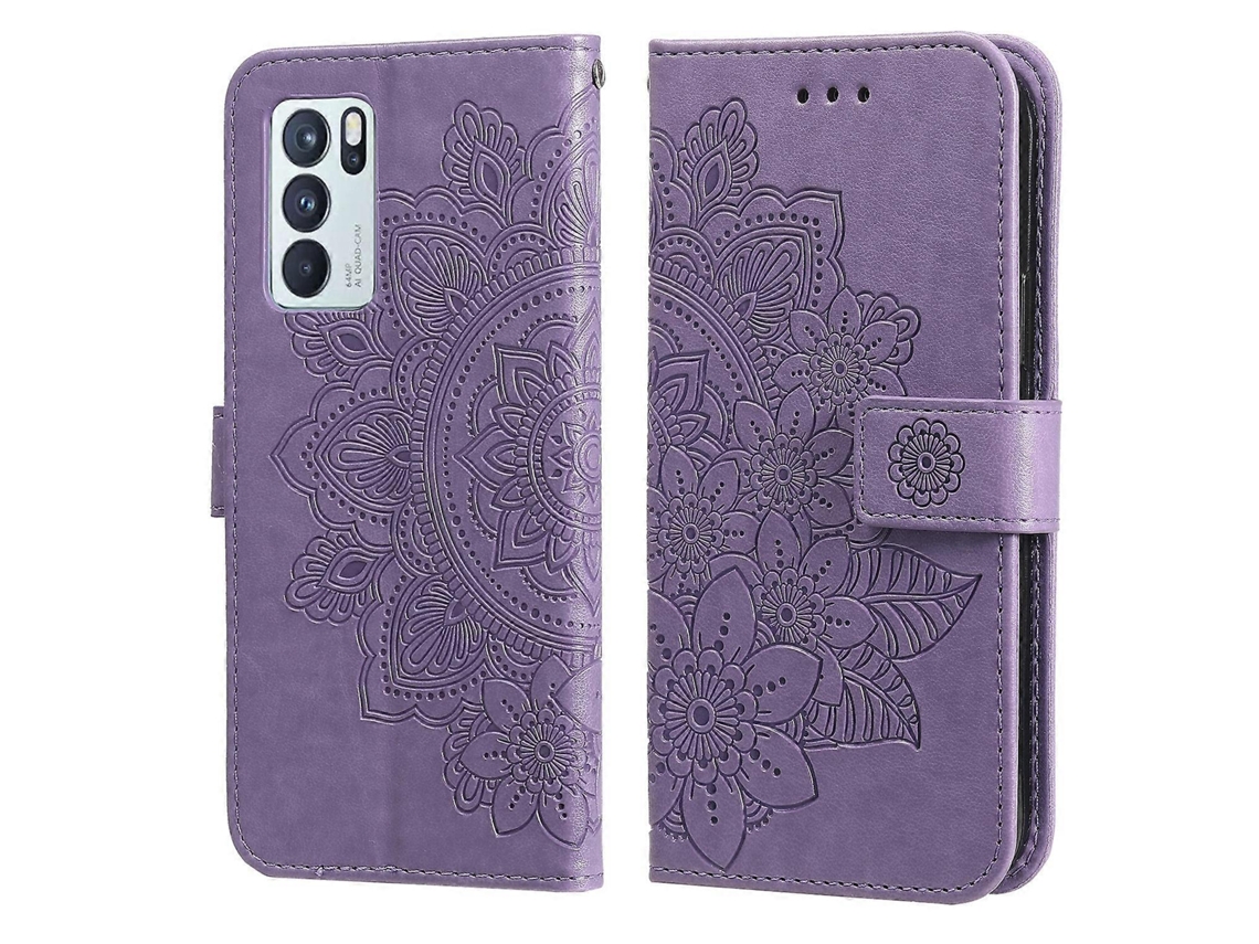 Capa De Couro Pu Com Estampa De Flores De 7 Pétalas Em Relevo Para Oppo Reno 6 Pro 5g, Com Suporte, Compartimentos Para Cartões, Carteira E Porta-retr