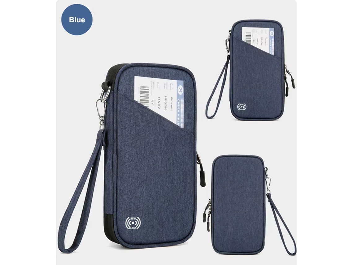 Porta-passaporte, Carteira Para Viagem, Organizador De Cartões À Prova D'água Com Bloqueio Rfid, Alça De Mão Com Zíper, Alça De Ombro, Azul Escuro