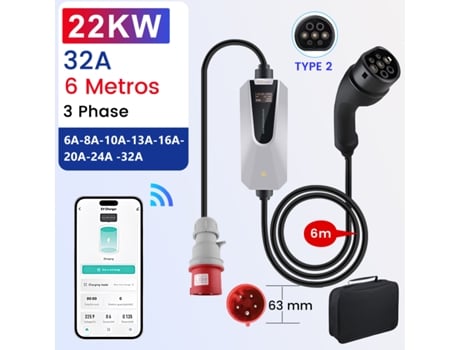 Cabo De Carregamento Junsun Tipo 2 Com Plug Cee De 32 AE Trifásico, 6 M, 6 32 A, Modo 2, Tela De 1,3, Carregador Para Veículo Elétrico Com Indicado