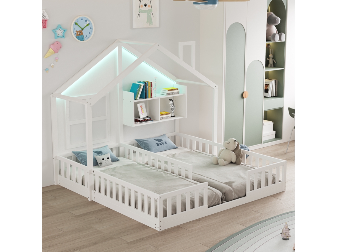 Cama Infantil Madeira 90x200 Design Casa com Janelas e Chaminé, Led, Grade e Prateleiras Branco MOBRIO
