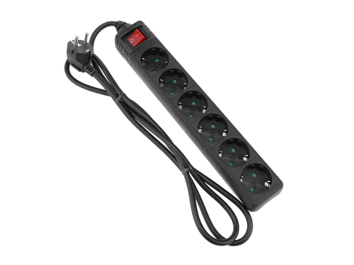 Bloco De 6 Tomadas 16A 250V Preto Com Interruptor e Cabo Eléctrico 1.5M BEMATIK