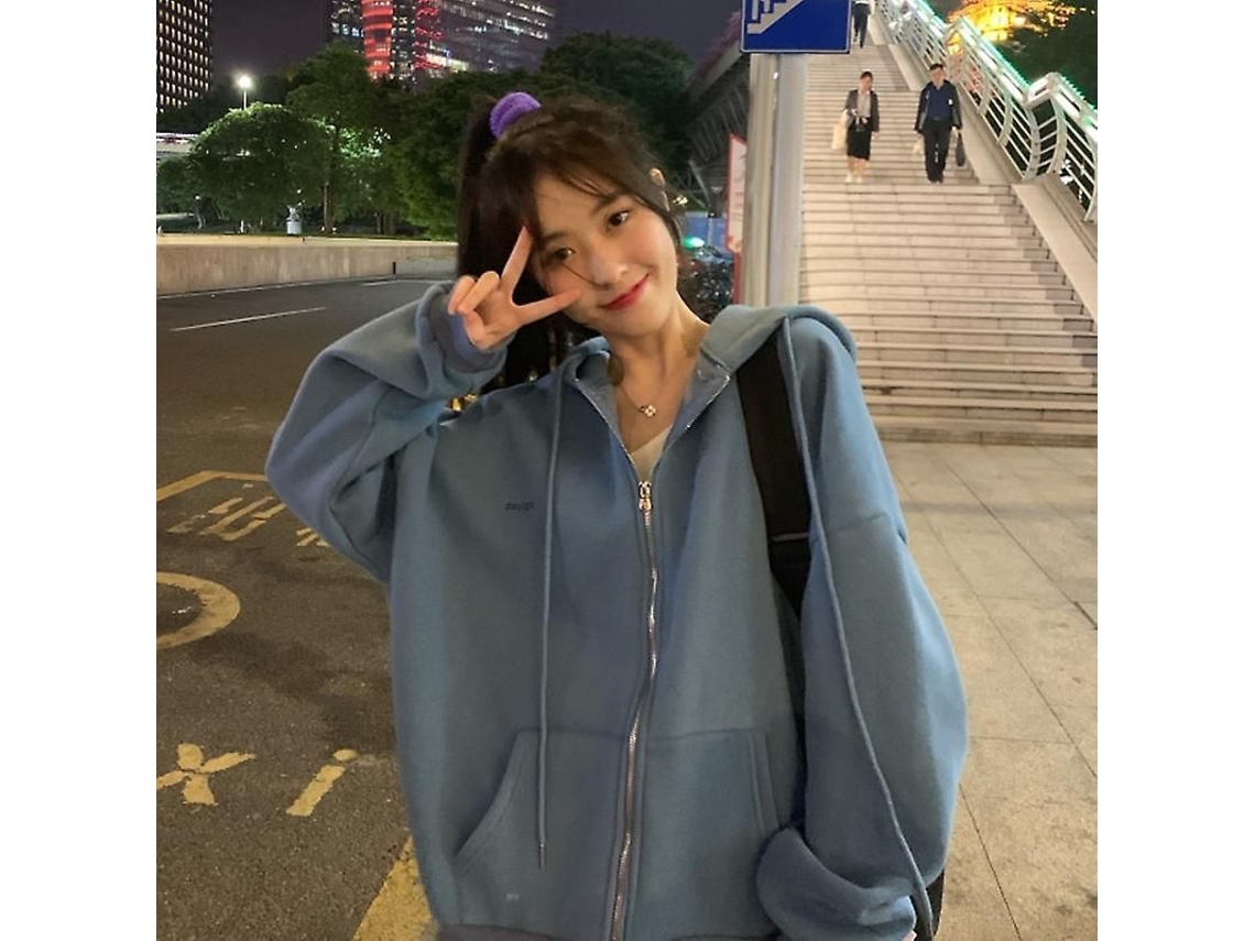 Jaqueta Com Capuz Feminina De Lã E Poliéster, Manga Longa, Gola V, Estilo Streetwear Para Primavera/outono Ea01113-blue