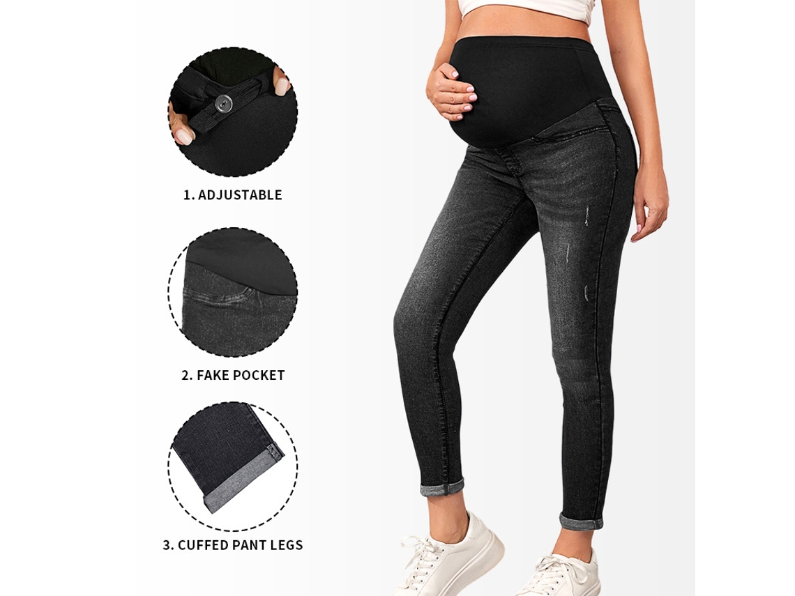 Calça Jeans de Maternidade Feminina, Cintura Ajustável, Preta, S. PANOONA