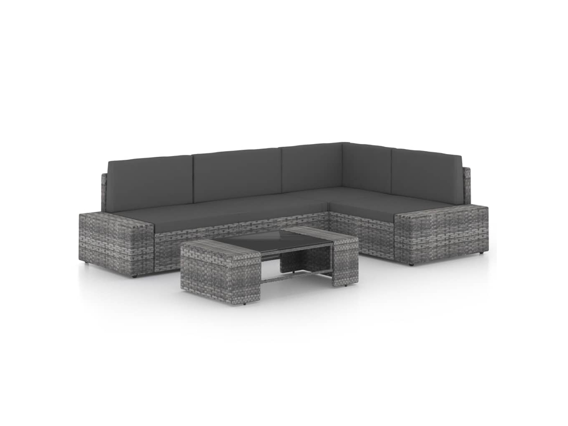 Vidaxl 5 Pcs Conjunto Lounge De Jardim C/ Almofadões Vime Pe Cinzento