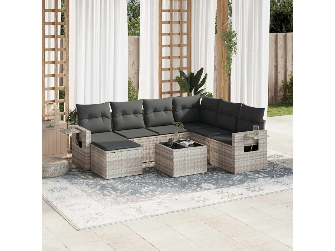 Vidaxl 8 Pcs Conj. Sofás Jardim C/ Almofadões Vime Pe Cinzento-claro