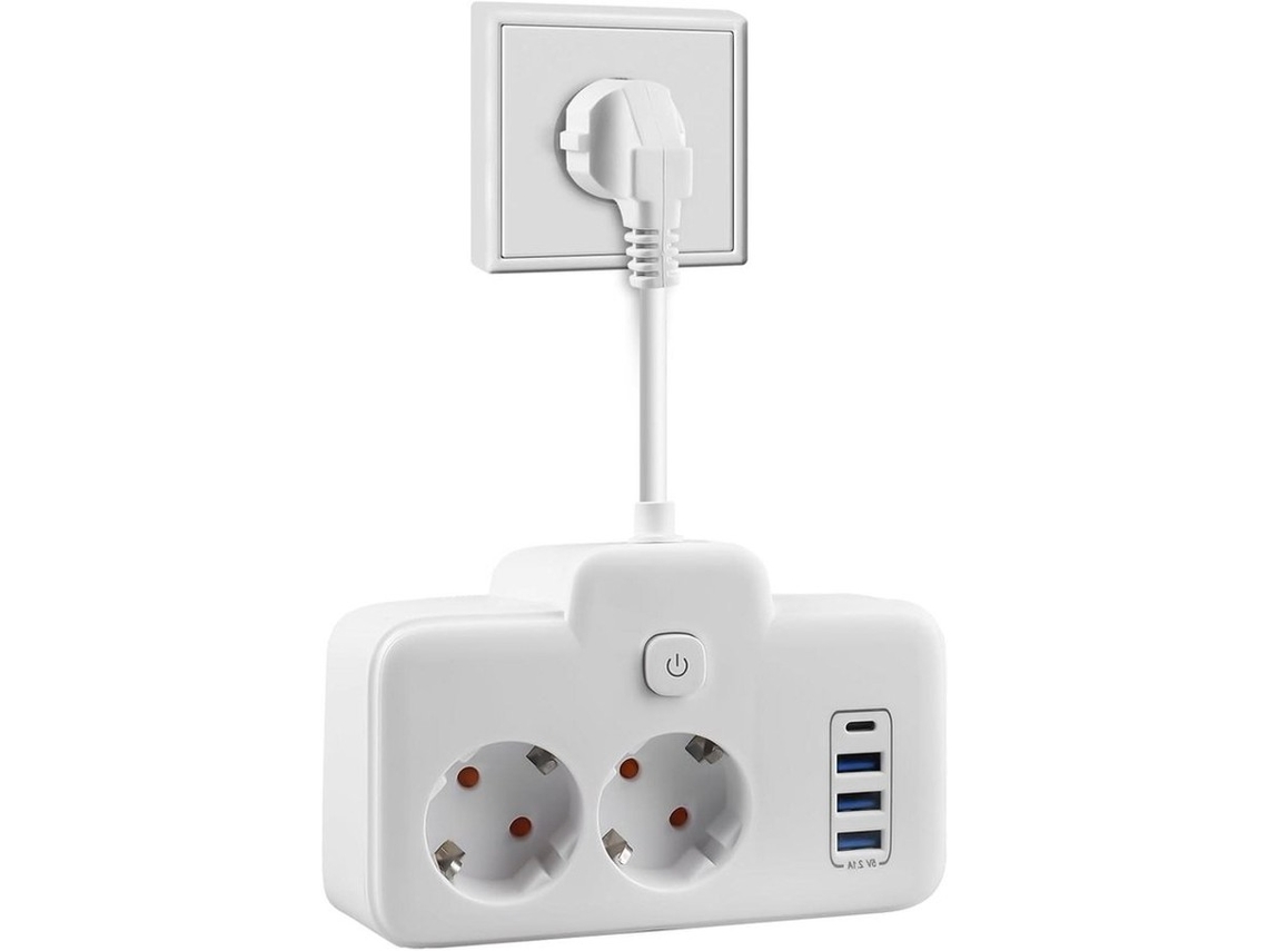 Caixa De Alimentação De Parede Com Dupla Broca, 3 Usb E 1 Type-c, Proteção De Crianças, Interruptor E Fio Curto