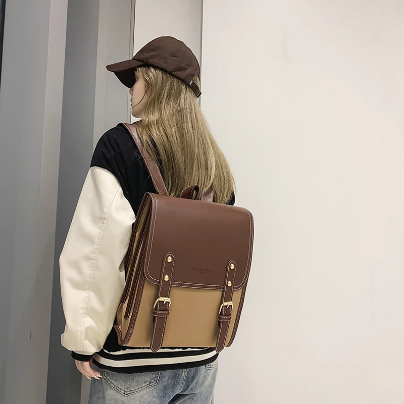 Mochila Feminina Estilo Preppy (cáqui, 26x32x14 Cm), Bolsa Grande Para Laptop, Bolsa De Viagem Patchwork.