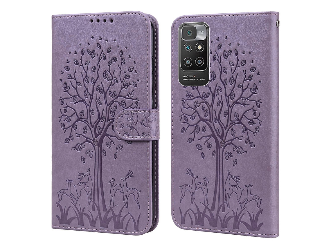 Capa De Celular Flip Em Couro Prensado Com Estampa De Árvore E Veado Para Xiaomi Redmi 10