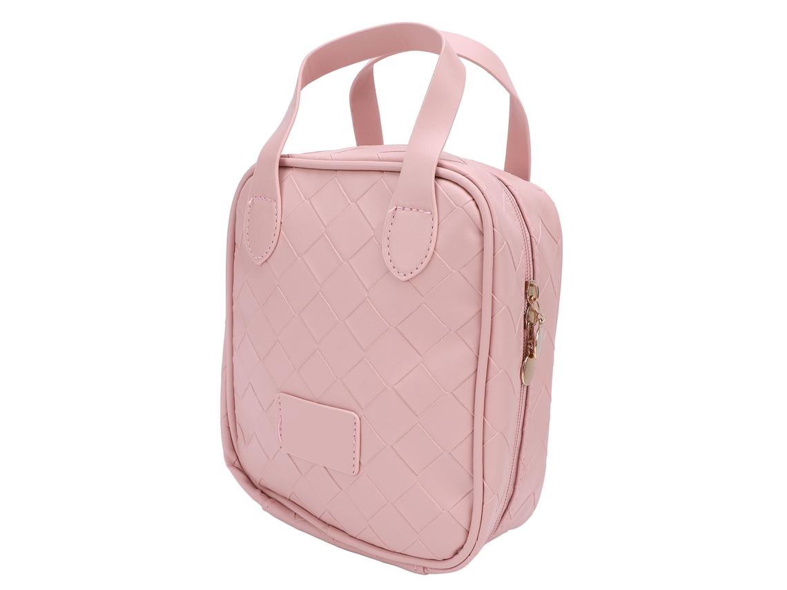 Mala de viagem Maquiagem em couro PU resistente à água com divisórias e bolsa de armazenamento portátil rosa.