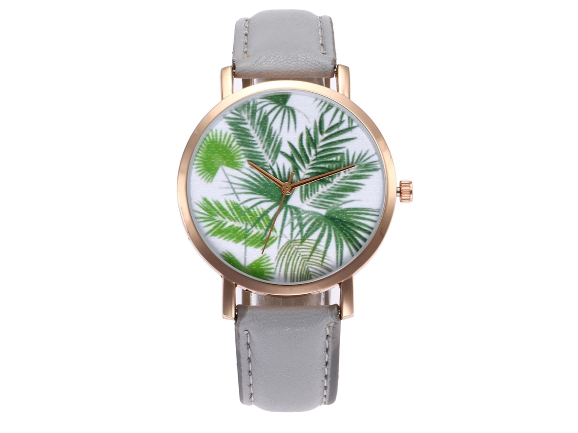 Relógio de Pulso Feminino Zhoulianfa de Quartzo com Pulseira Pu e Padrão de Folha (cinza)
