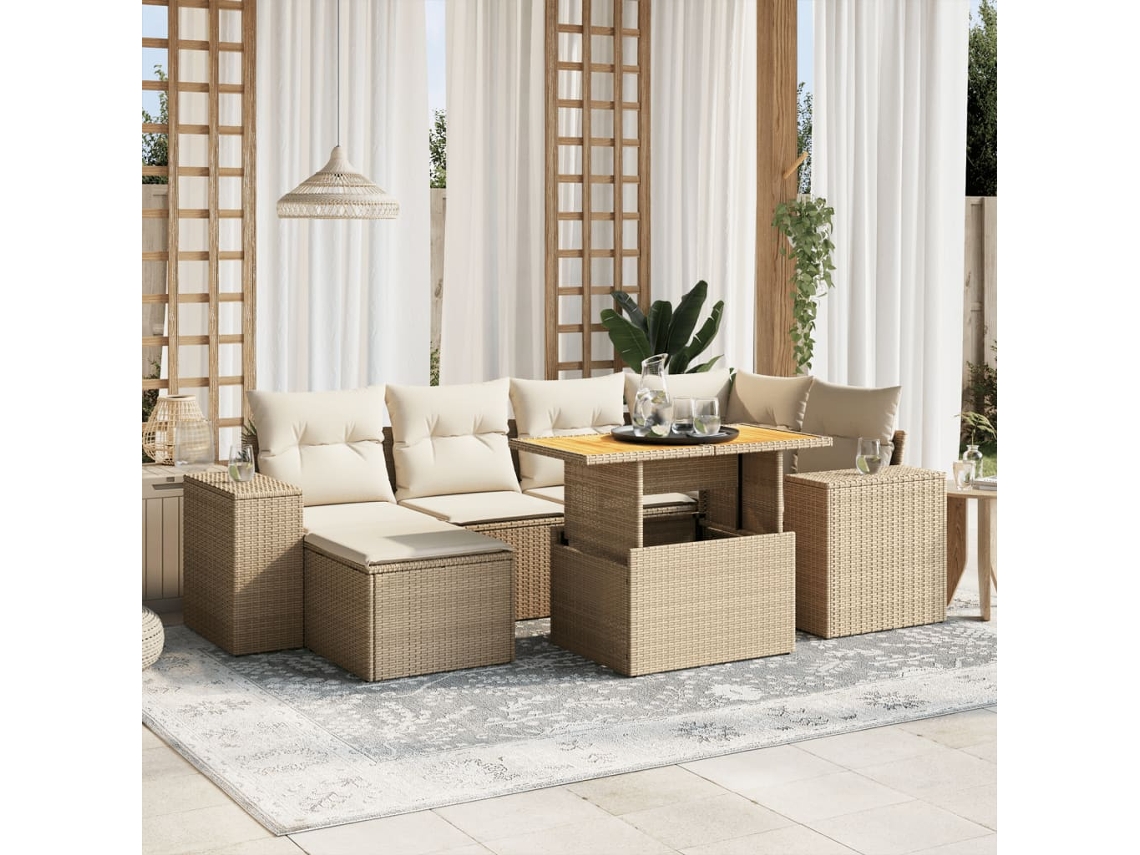 Vidaxl 7 Pcs Conjunto De Sofás P/ Jardim Com Almofadões Vime Pe Bege