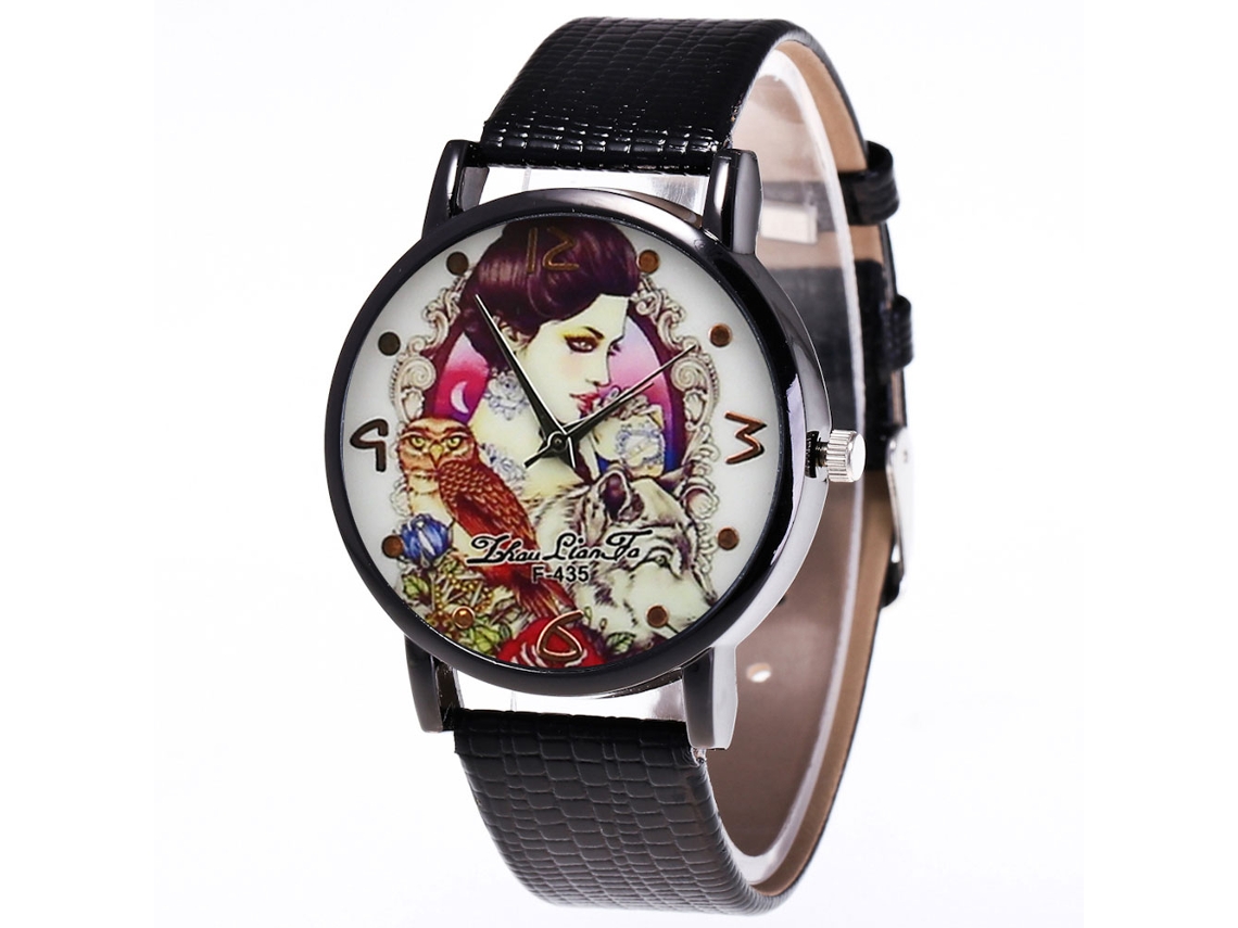 Relógio de quartzo unissex com pulseira de couro PU, mostrador redondo, padrão elegante, Zhoulianfa