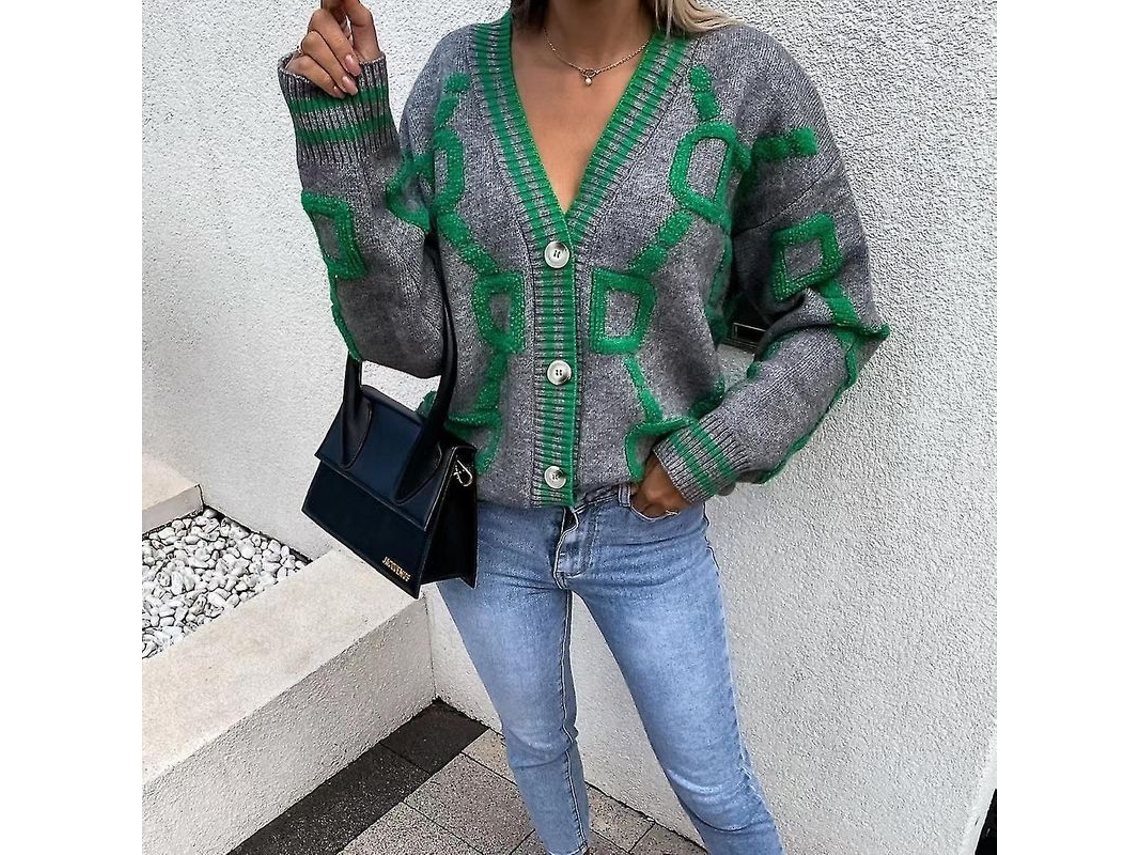 2026 chaqueta de Punto Mujer Otoño Invierno Manga Larga Suelta Cuello V Caliente Casual Estilo Inglés Verde Impreso
