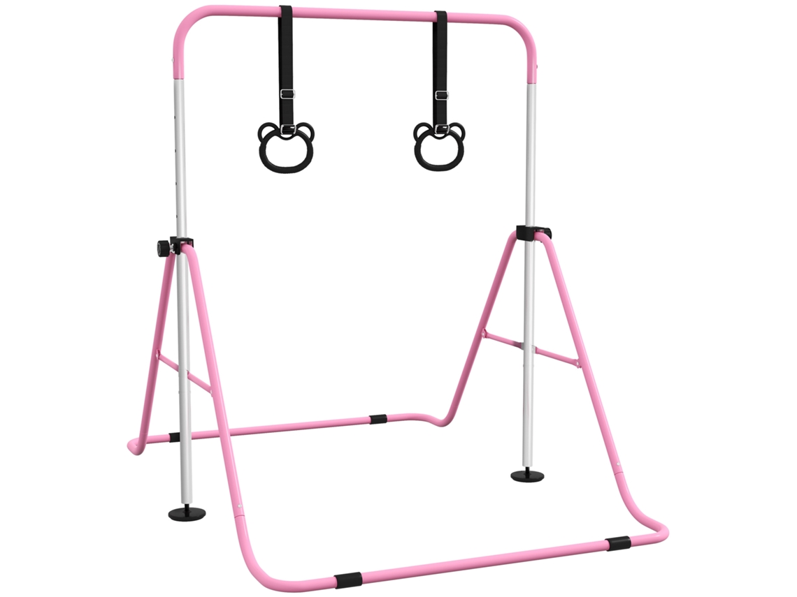 Barra De Ginástica Para Crianças Com Altura Ajustável Em 5 Níveis E Anéis De Treino De Dobrável 148x105x88-128 Cm Rosa