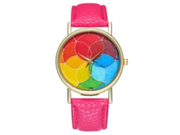 Relógio de quartzo unissex casual e moderno com pulseira de couro rosa e vermelha.