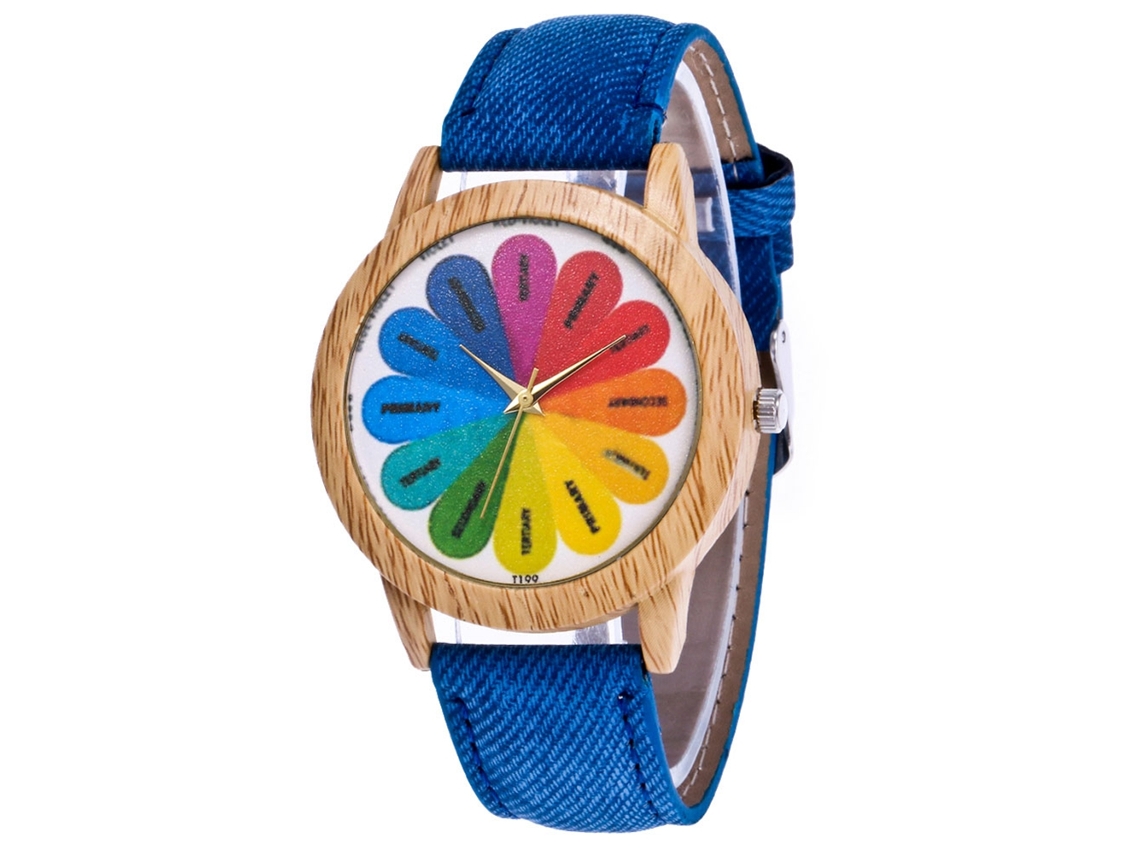 Relógio de Pulso Unisex Zhoulianfa Padrão Arco íris Pulseira Jeans Azul