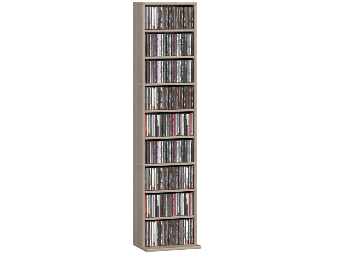 Armazenamento para Cds e Dvds 9 Compartimentos e 6 Prateleiras Ajustáveis Capacidade Máxima 260 Cds/120 Dvds 33 X 24 X 140 Cm Madeira Natural Ge